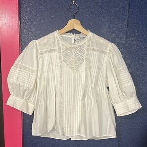 Zara White Puff Sleeve Blouse with Bib Collar